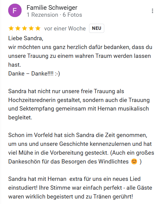 Google Feedback für freie Traurednerin Sandra Backwinkel von Brautpaaar Denisa & Max