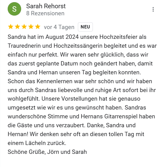 Google Feedback für freie Traurednerin Sandra Backwinkel von Brautpaaar Sarah & Jörn