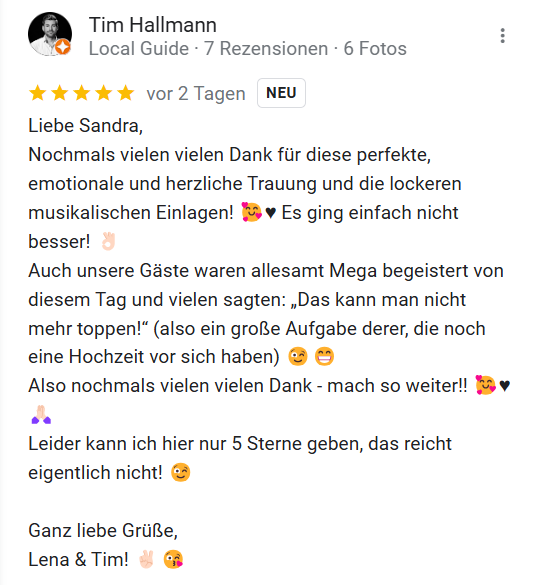 Google Feedback für freie Traurednerin Sandra Backwinkel von Brautpaaar Lena & Tim