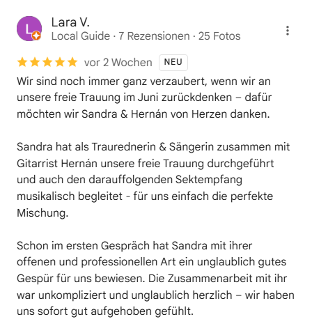 Lara1 Google Feedback für freie Traurednerin Sandra Backwinkel von Brautpaaar Denisa & Max